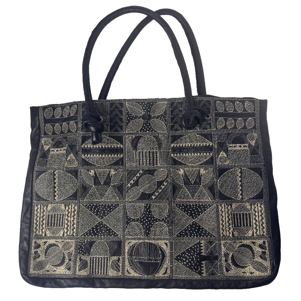 Chico's Black Leather Embroidered Boho Tote Bag